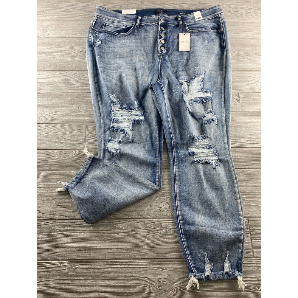 Judy Blue Women's Distressed Skinny Fit Medium Wash Jeans Size 24W Button Fly